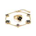 Conjunto de pulsera y anillo ajustable con motivo floral en esmalte negro de acero bañado en oro 18K PVD hecho en España
