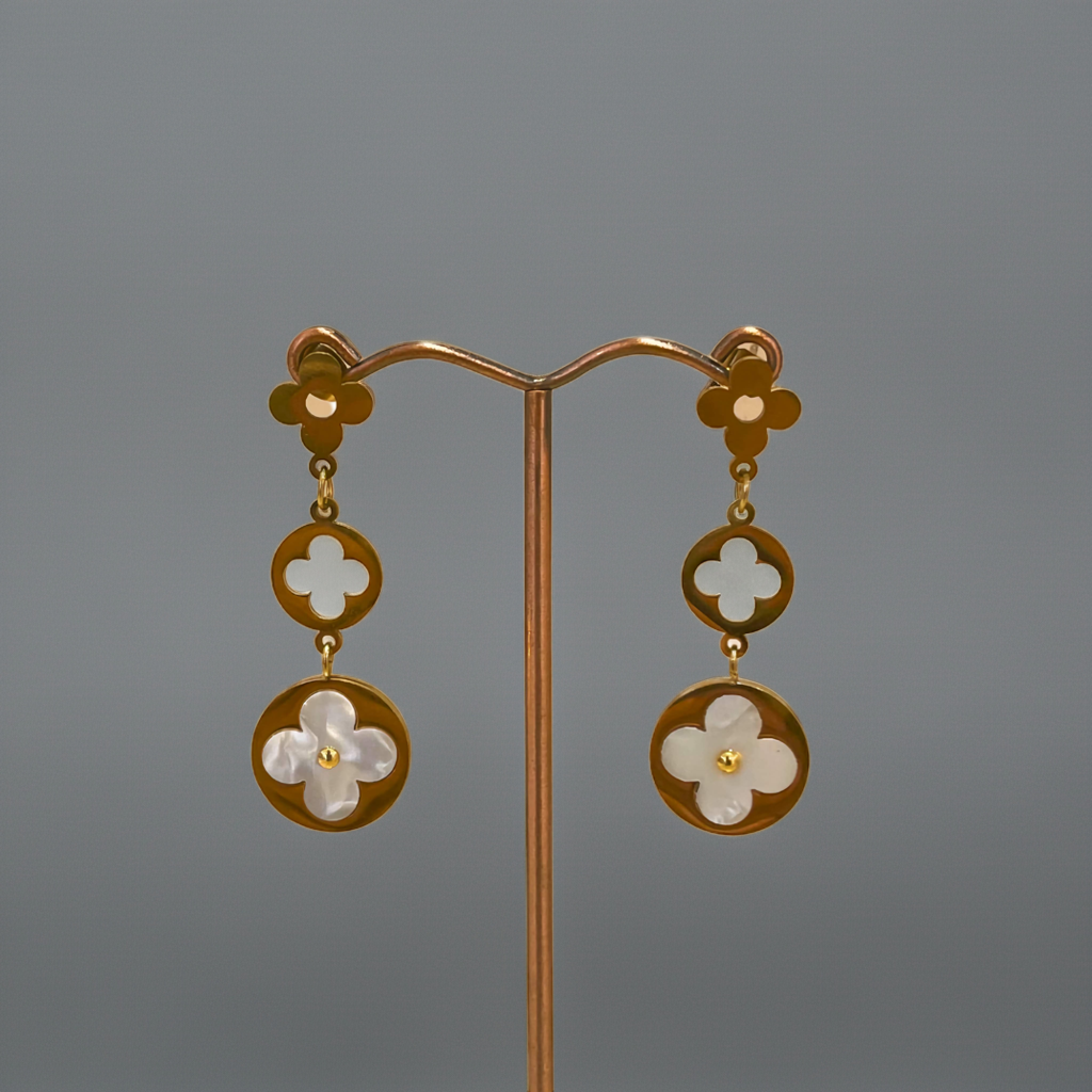 Boucles d'oreilles pendantes à motifs de fleurs et de cercles - 100 % acier plaqué or 18 carats