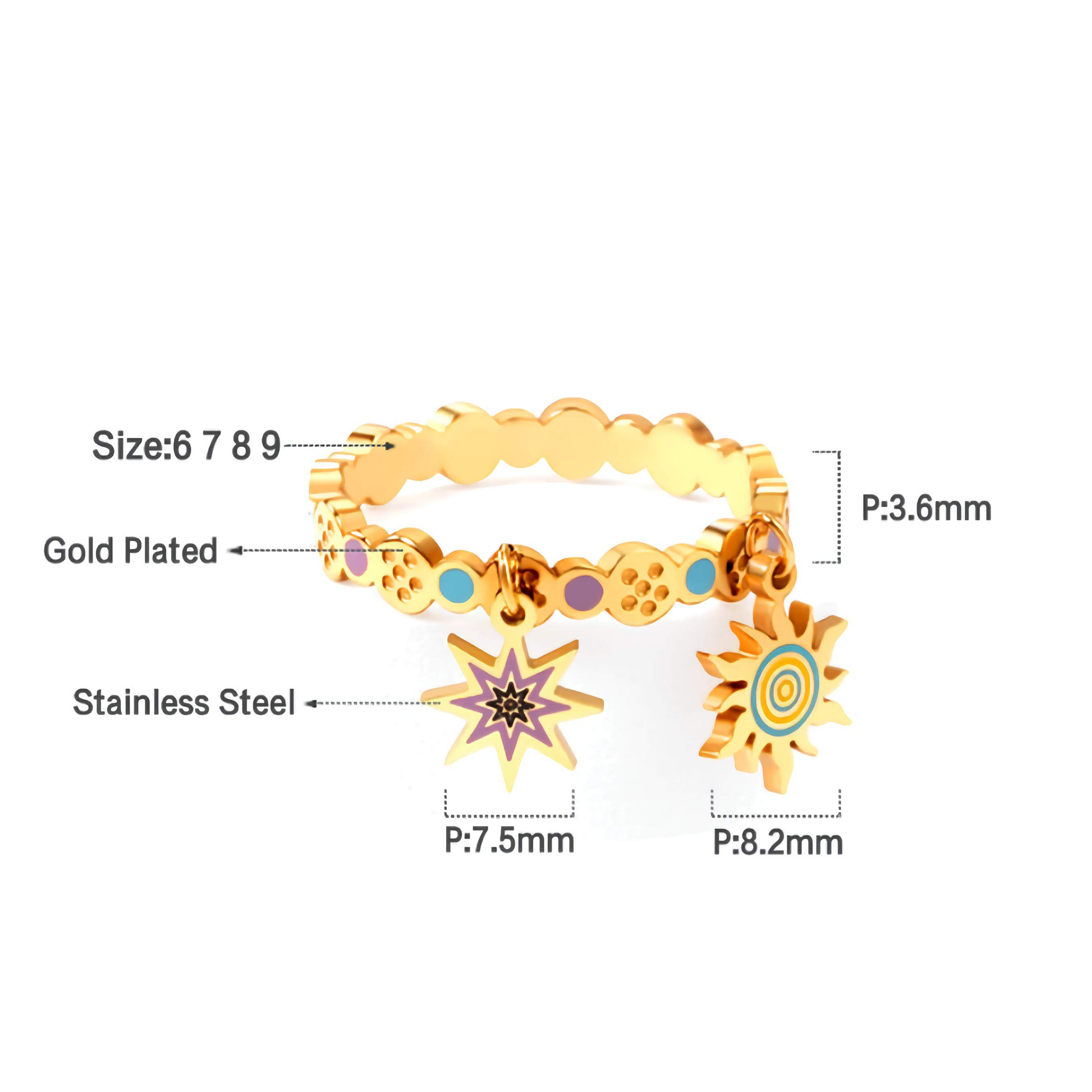 Bague avec pendentifs soleil et étoile émaillés - Acier inoxydable plaqué or