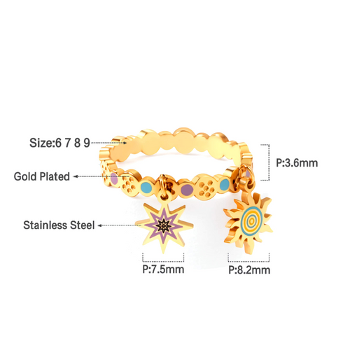 Anillo con Colgantes de Sol y Estrella Esmaltados - Acero Inoxidable Bañado en Oro