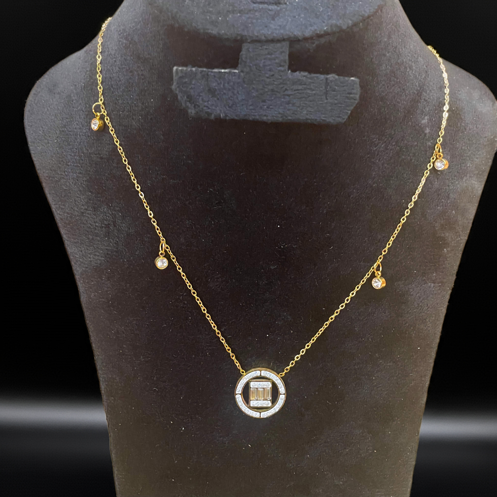 Circle Necklace with Zirconia Pendants - 100% 18K Gold Plated Steel