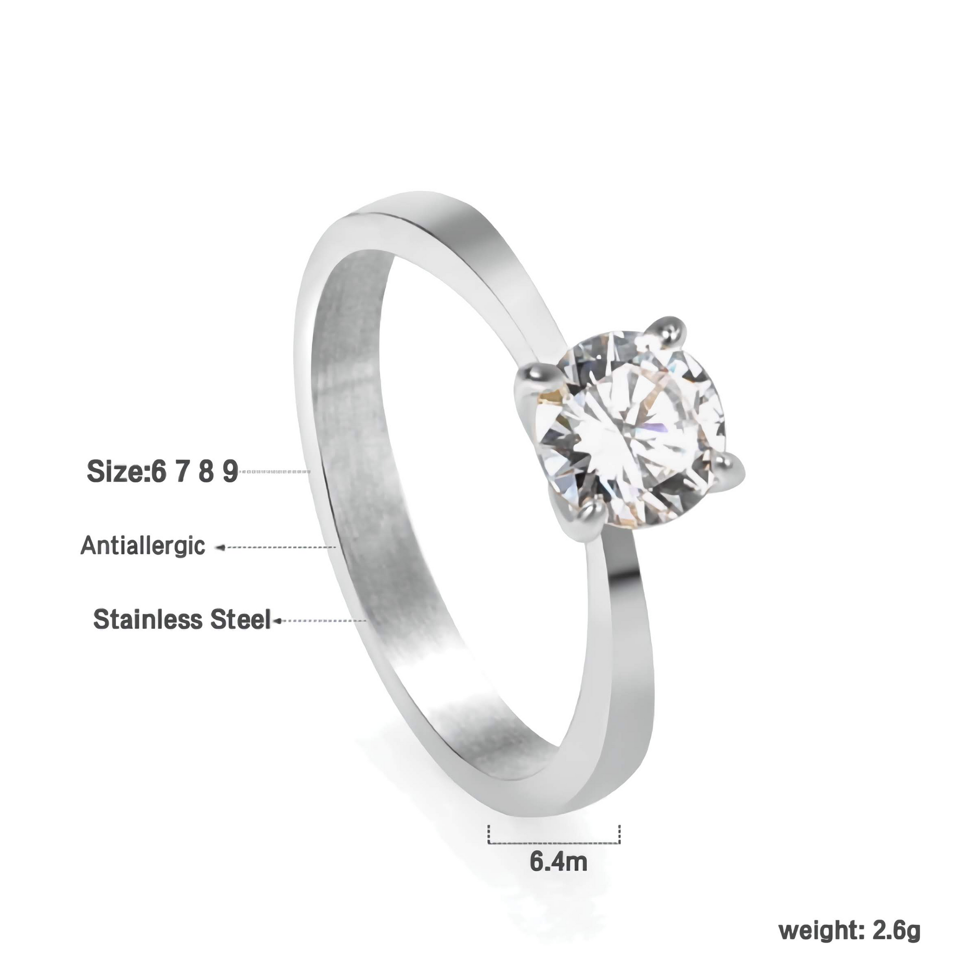 Classic Solitaire Ring with Zirconia - Anti-Allergic Stainless Steel