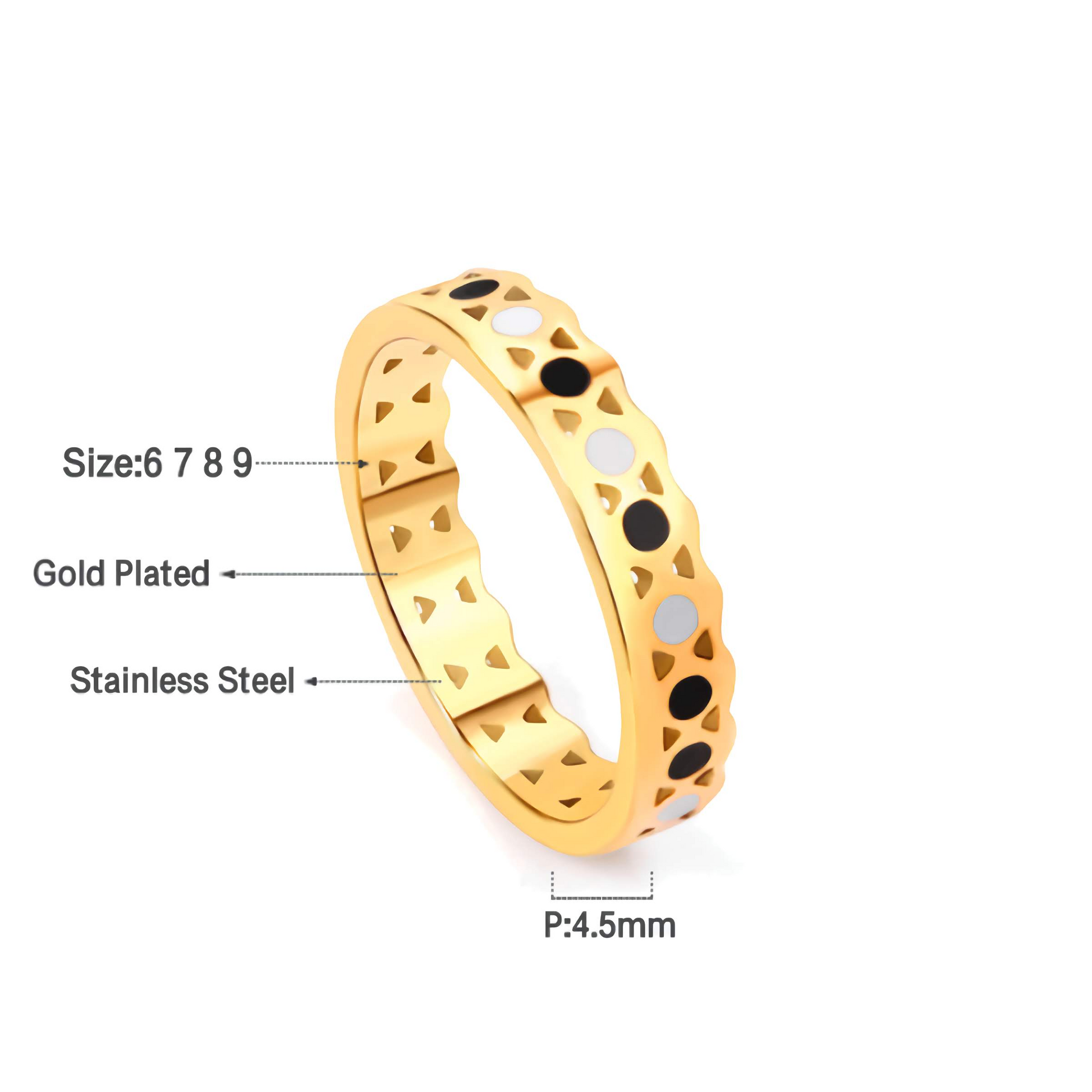 Bague ajourée avec cercles émaillés noirs et blancs - Acier inoxydable plaqué or