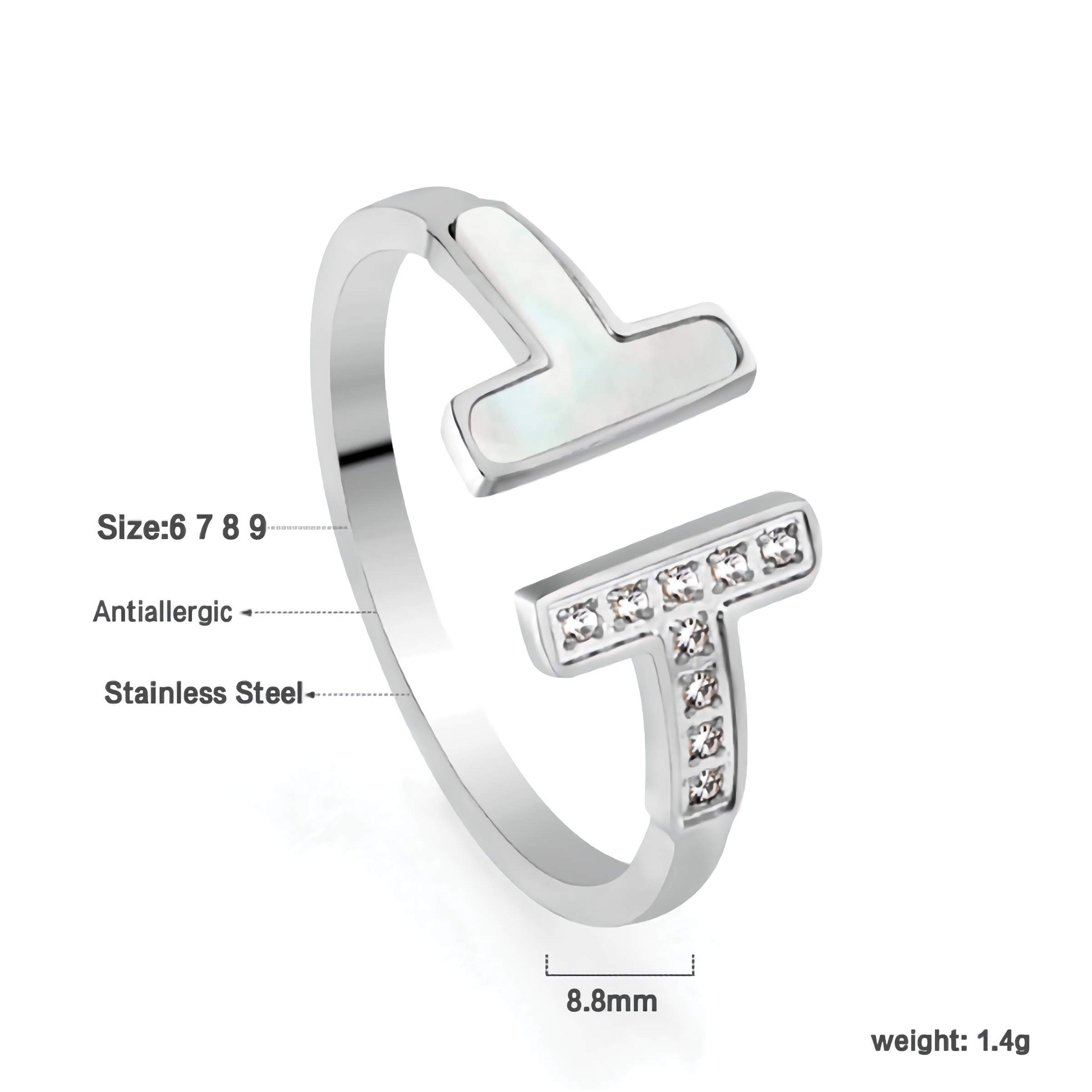 Bague ouverte double T avec nacre et zircone - Acier inoxydable antiallergique