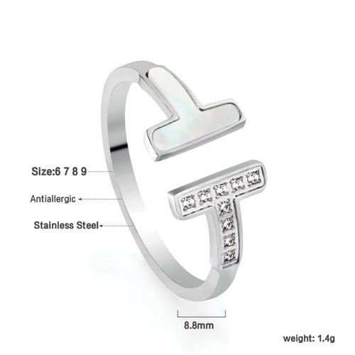 Anillo Abierto Doble T con Nácar y Circonitas - Acero Inoxidable Antialérgico
