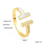 Anillo Abierto Doble T con Nácar y Circonitas - Acero Inoxidable Bañado en Oro 18K