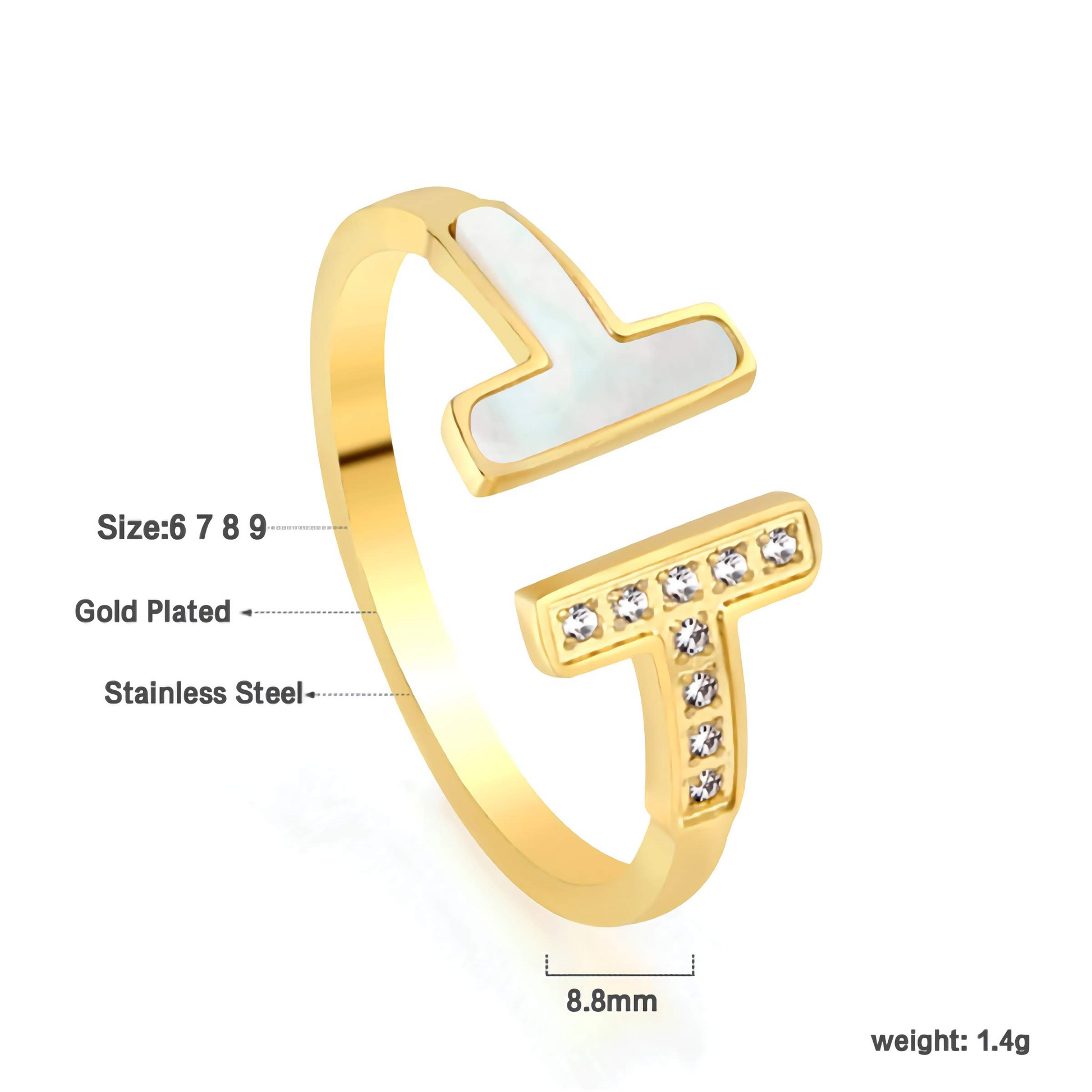 Bague ouverte double T avec nacre et zircone - Acier inoxydable plaqué or 18 carats