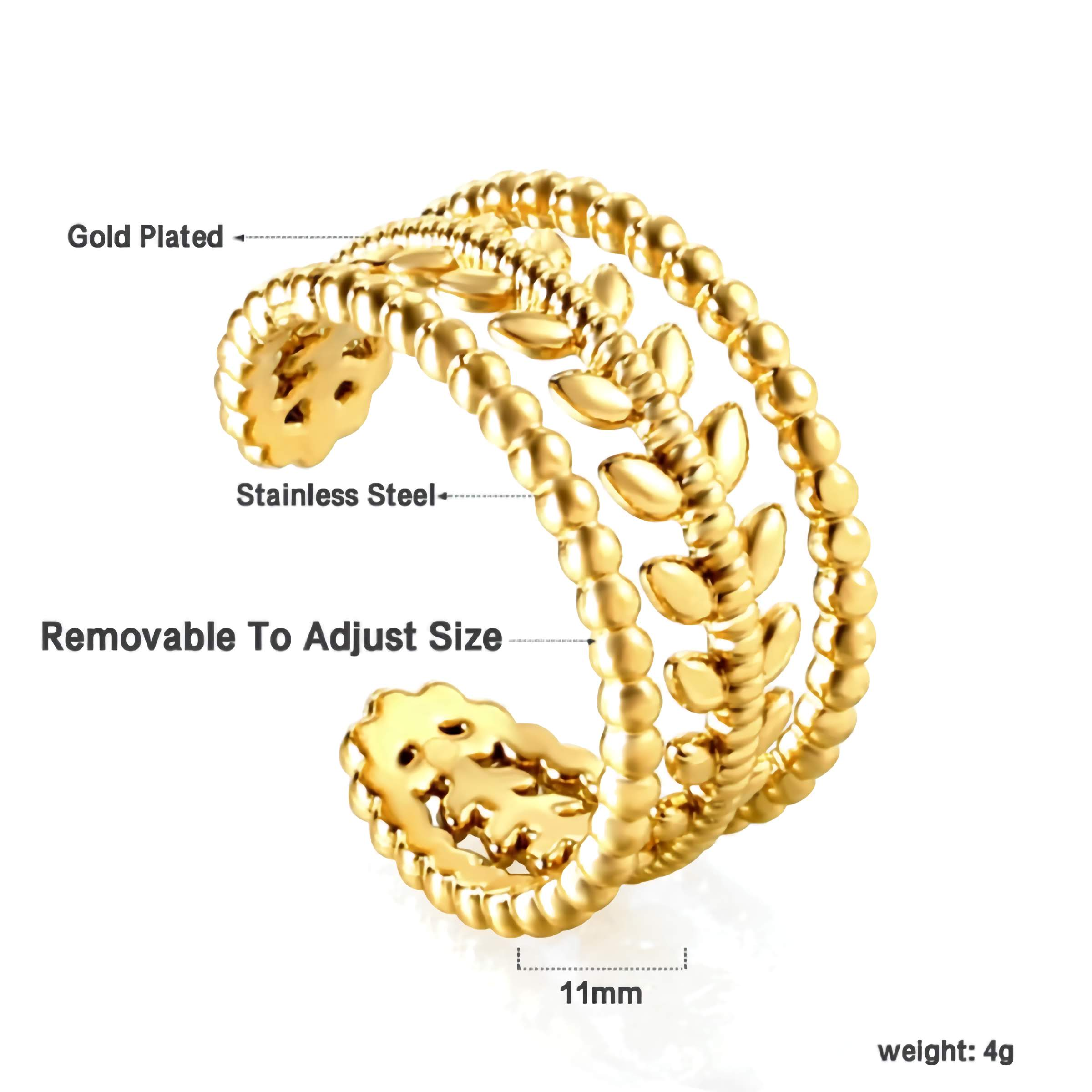 Wide Open Ring with Leaf and Ball Design - Gold Plated Stainless Steel