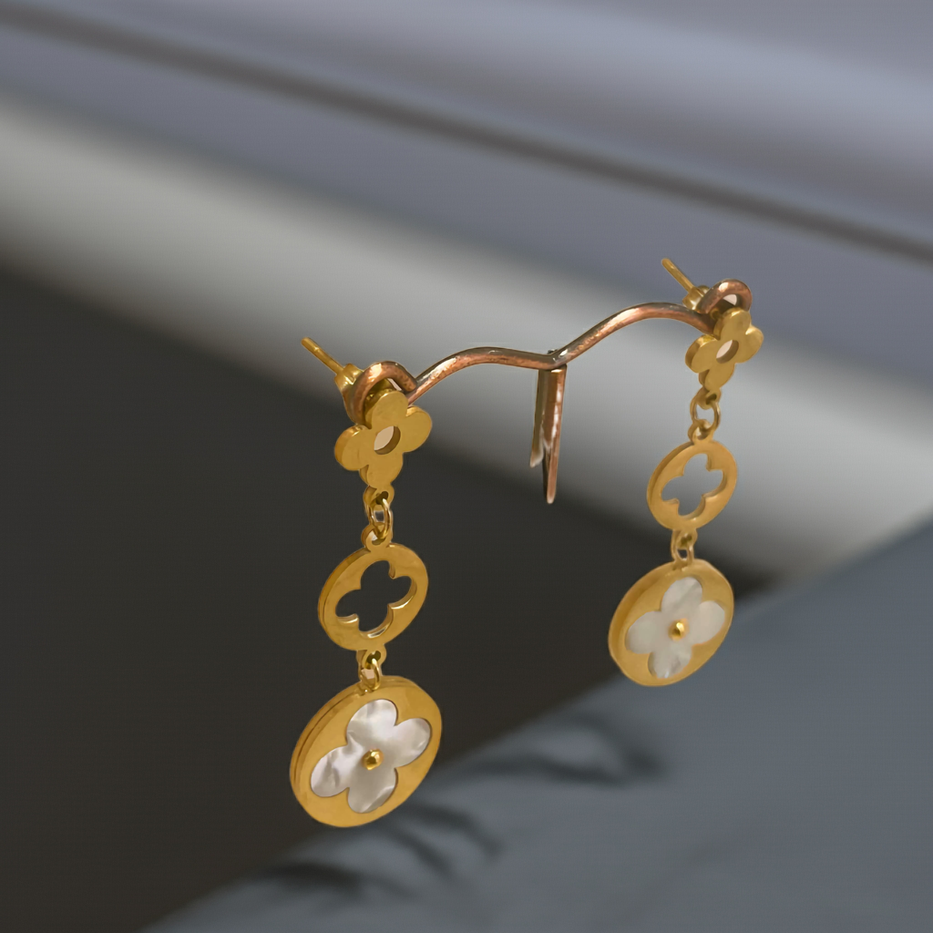 Boucles d'oreilles pendantes à motifs de fleurs et de cercles - 100 % acier plaqué or 18 carats