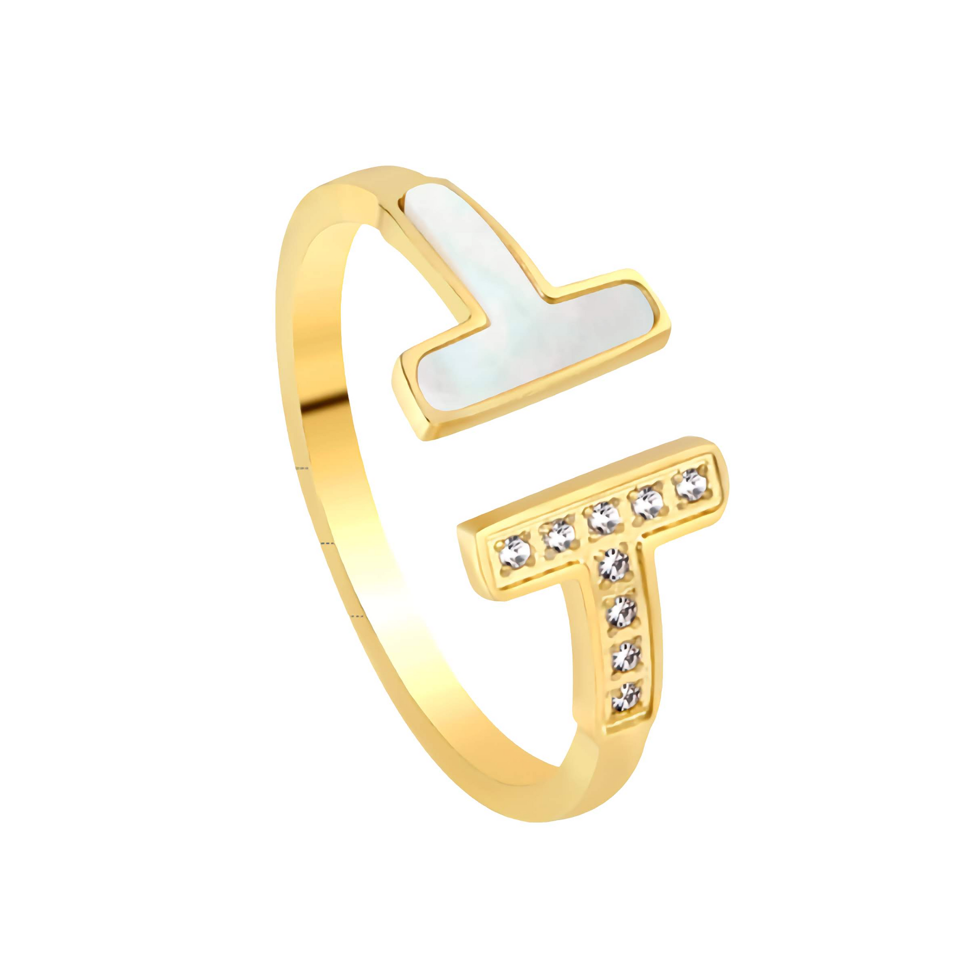 Bague ouverte double T avec nacre et zircone - Acier inoxydable plaqué or 18 carats