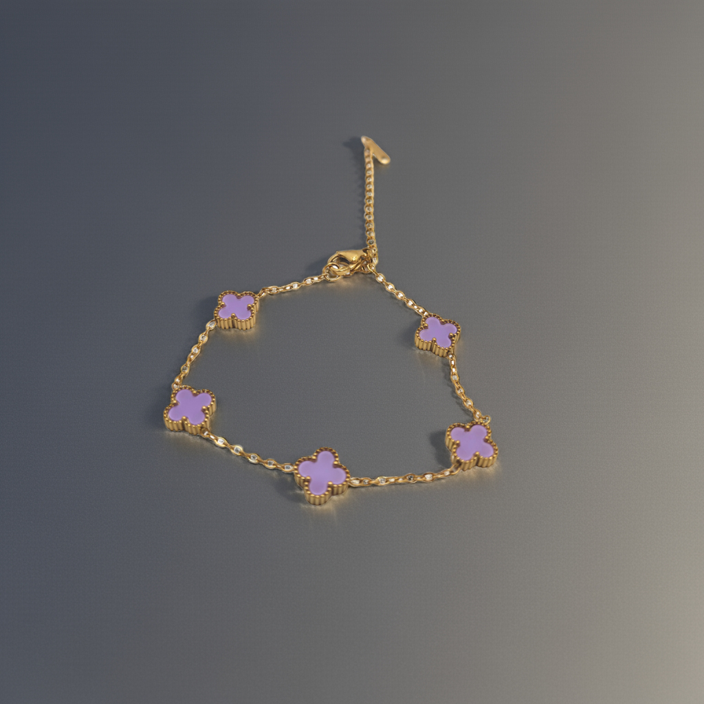 Pulsera de Acero Chapado en Oro de 18K 100% con 5 Tréboles Morados