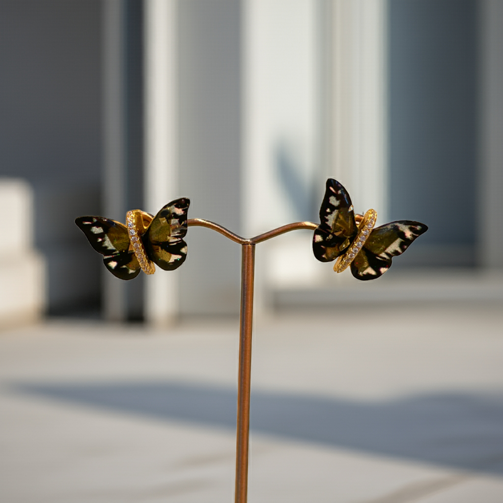 Boucles d'oreilles papillon avec créoles brillantes - 100 % acier plaqué or 18 carats
