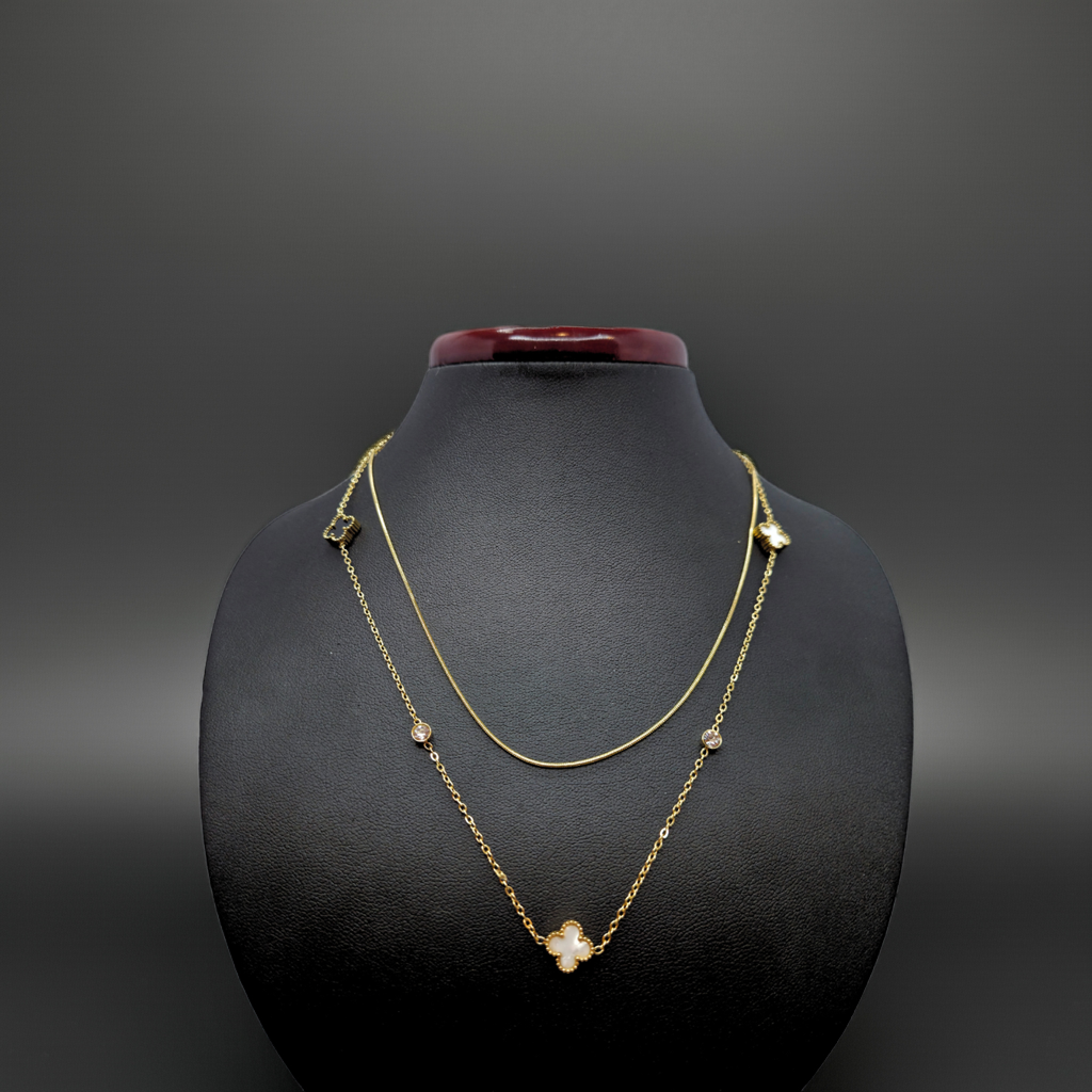 Collar Doble Cadena con Tréboles y Circonitas - 100% Acero Bañado en Oro 18K