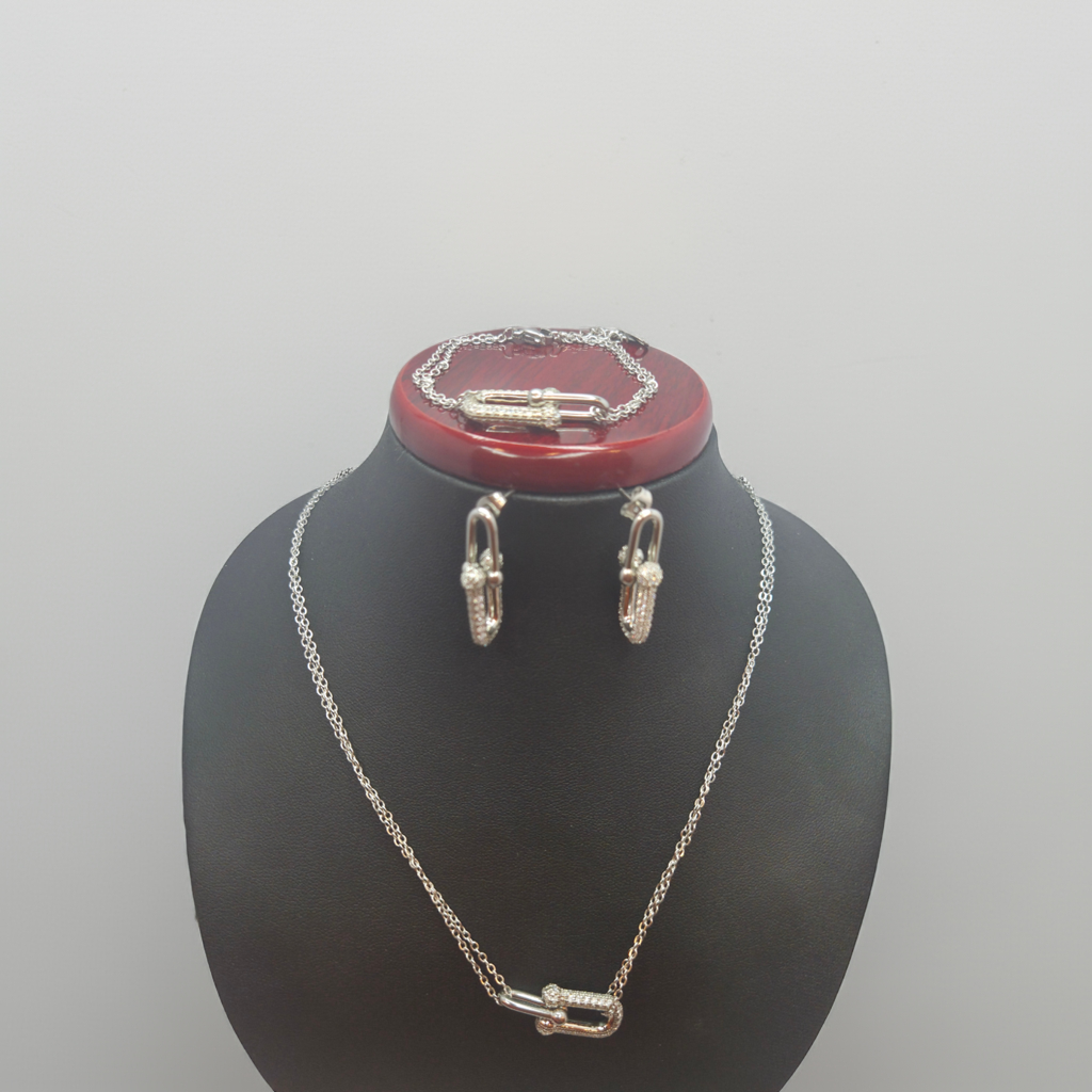 Conjunto de Eslabones Engastados con Circonitas (Collar, Pulsera y Pendientes) - 100% Acero Bañado en Rodio