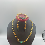 Conjunto de Cadena de Eslabones con Circonitas Verdes (Collar, Pulsera y Pendientes) - 100% Acero Bañado en Oro 18K