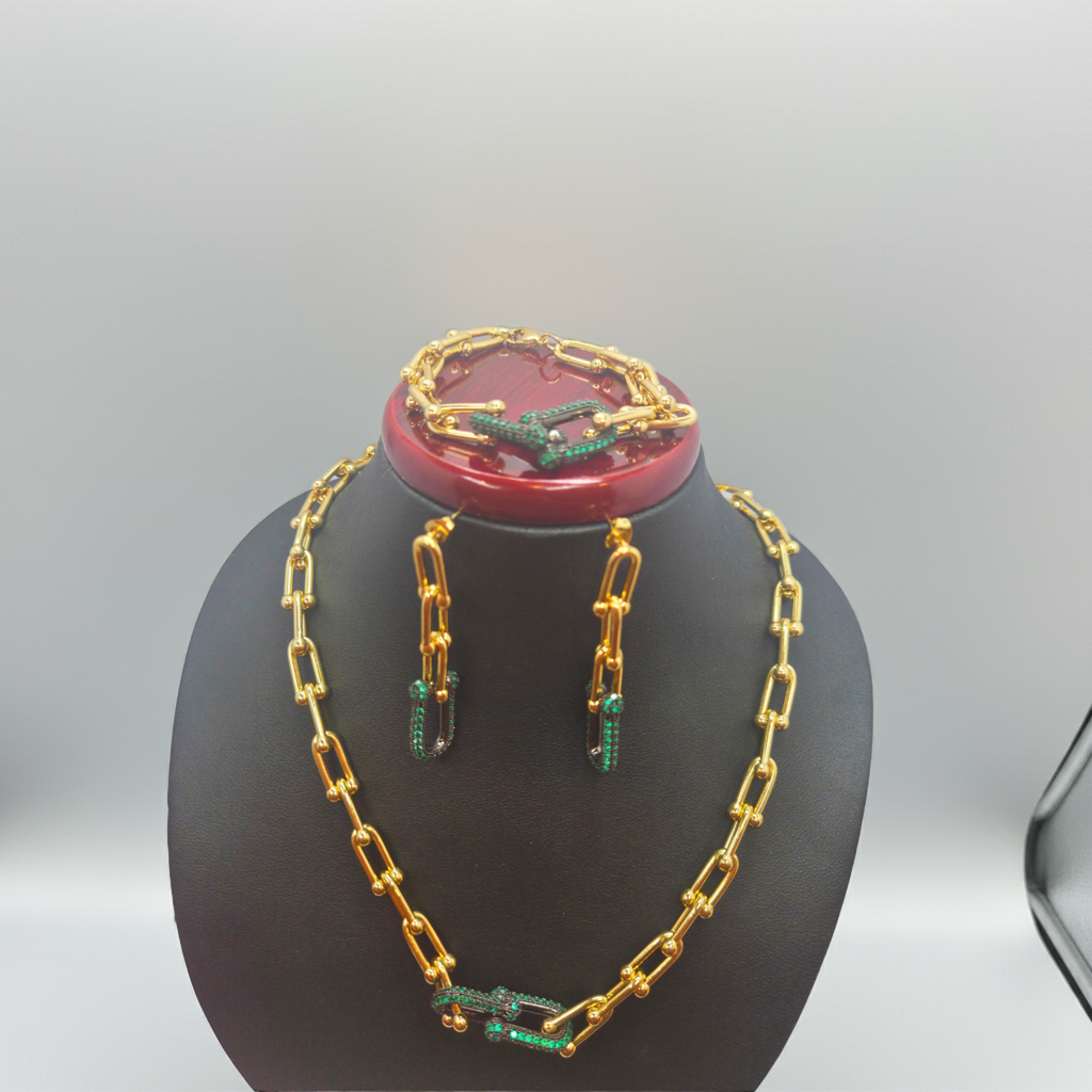 Conjunto de Cadena de Eslabones con Circonitas Verdes (Collar, Pulsera y Pendientes) - 100% Acero Bañado en Oro 18K