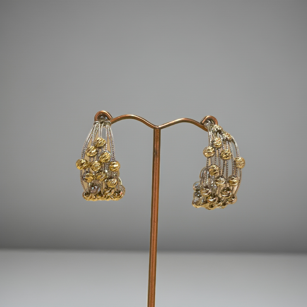 Boucles d'oreilles créoles avec rangées de boules d'or et d'argent - 100 % acier plaqué or 18 carats