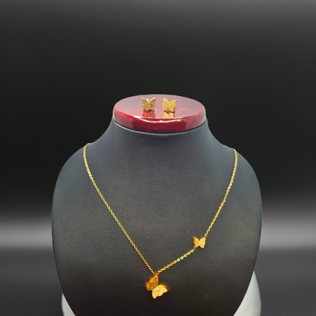 Conjunto Collar y Pendientes Mariposas con Circonitas - 100% Acero Bañado en Oro 18K