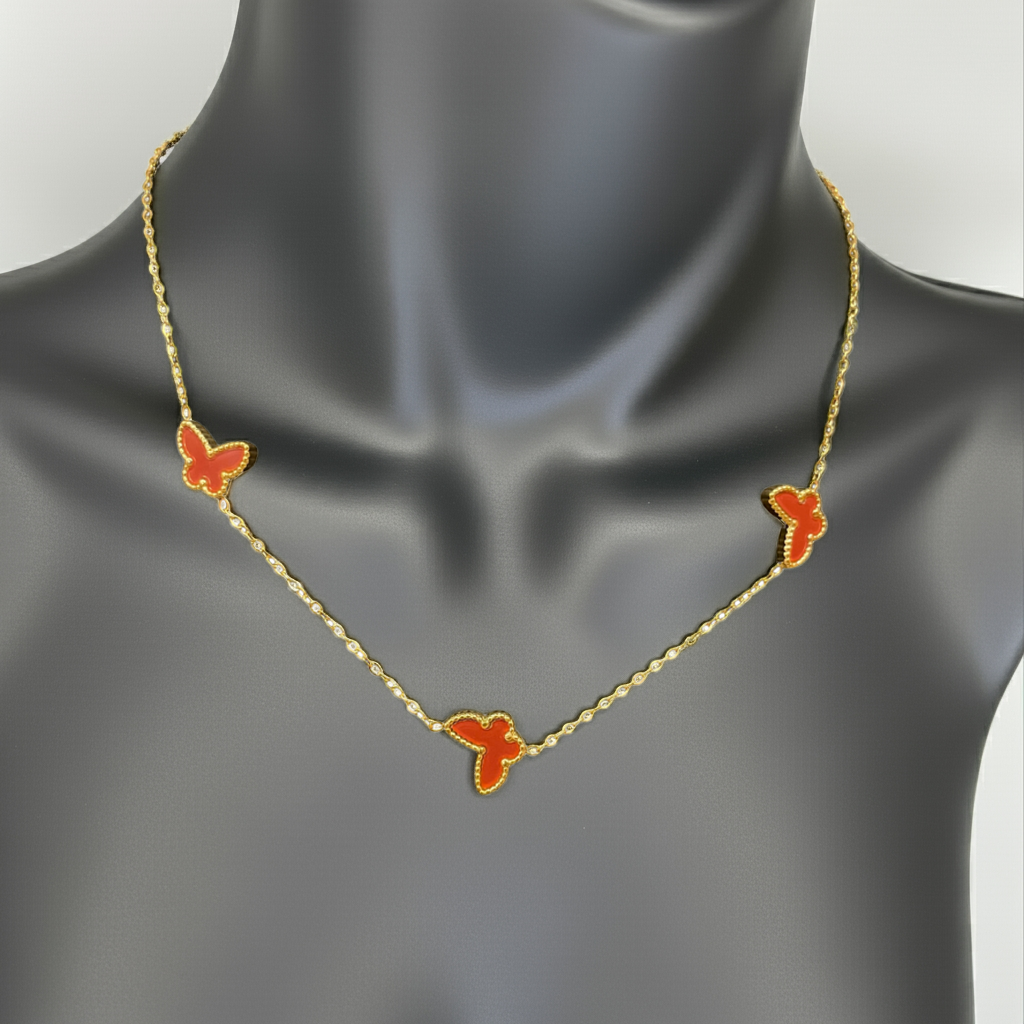 Collier papillon orange avec chaîne fine - 100 % acier plaqué or 18 carats