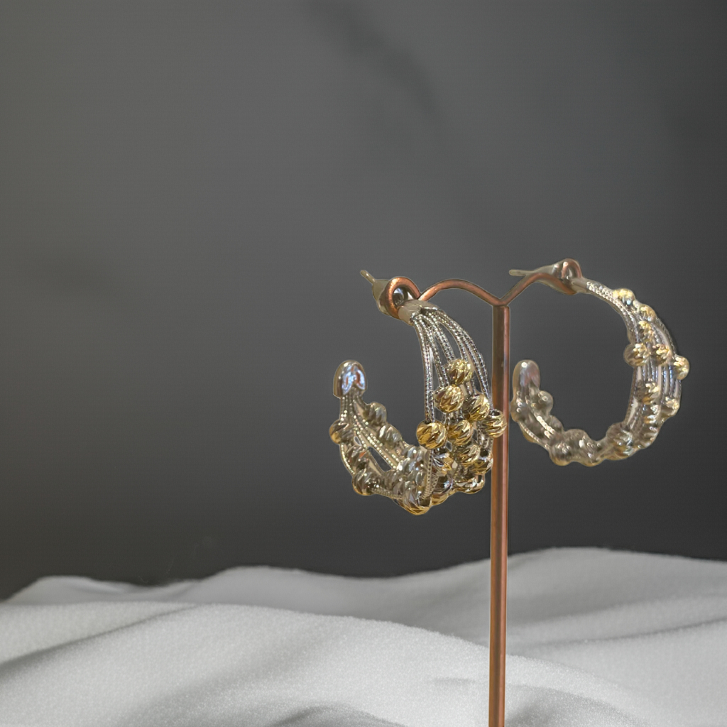 Boucles d'oreilles créoles avec rangées de boules d'or et d'argent - 100 % acier plaqué or 18 carats