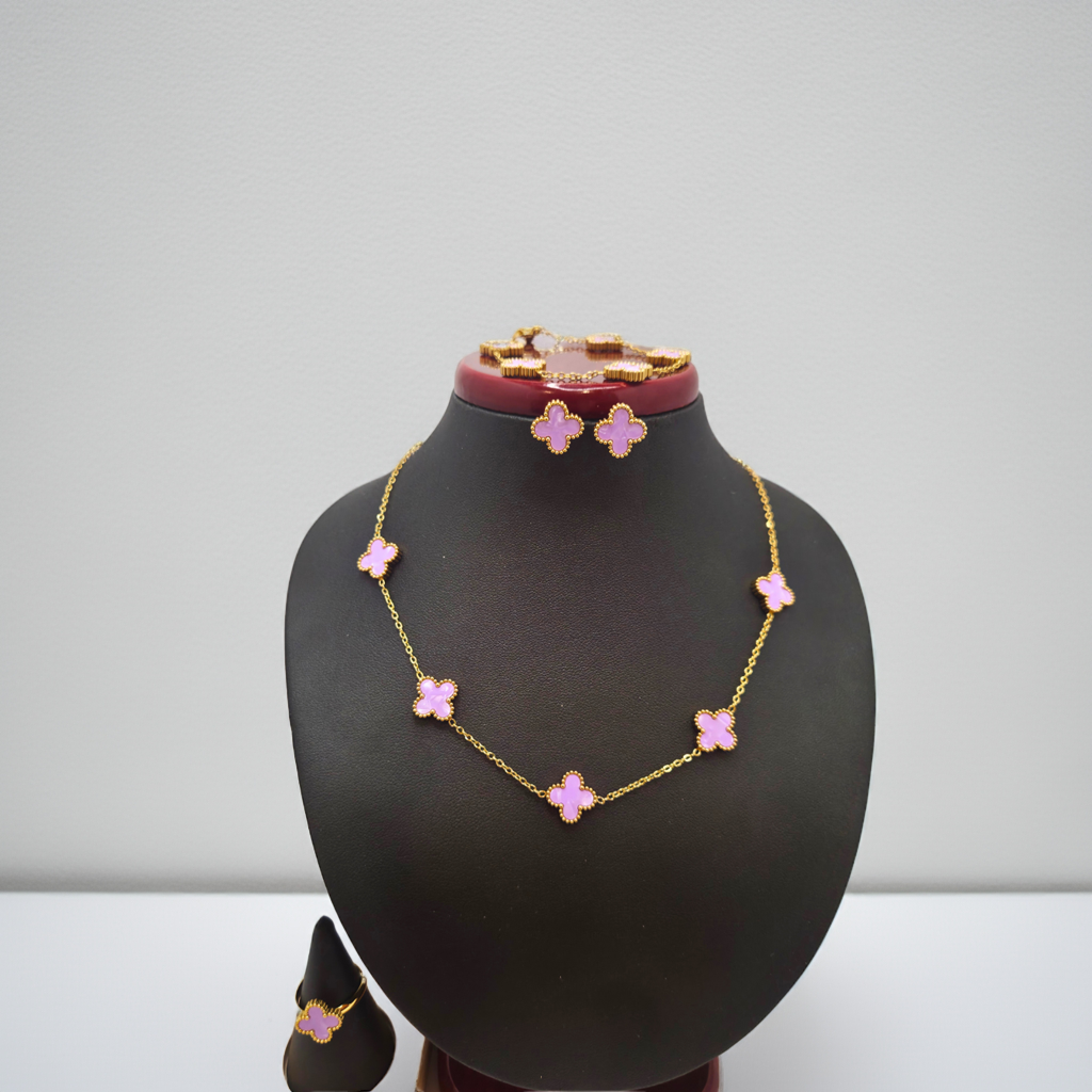 Parure de bijoux Lilac Clover 100 % acier plaqué or 18 carats
