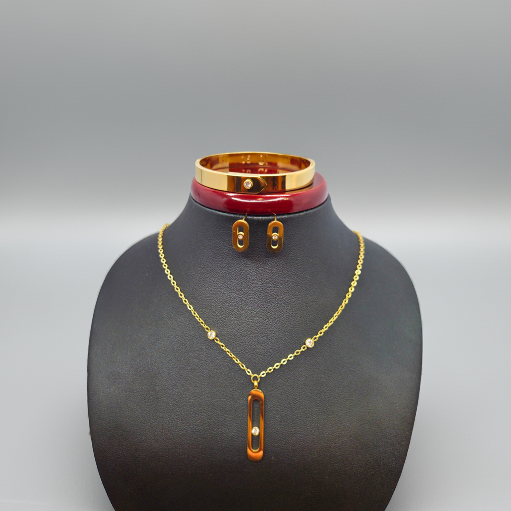 Conjunto de Joyas "Elegancia Geométrica" - Brazalete, Pendientes y Collar 100% Acero Bañado en Oro de 18K