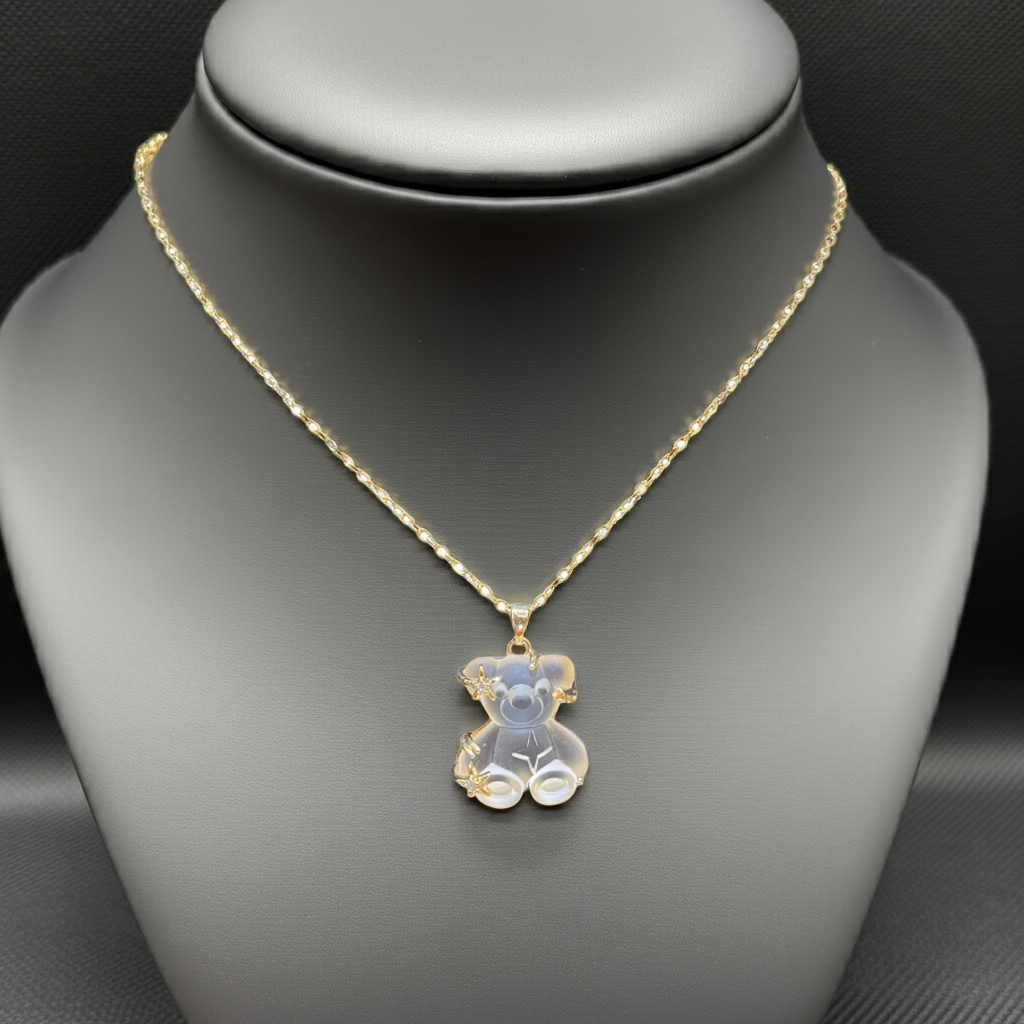 Collier Ours Translucide avec Détails Dorés - 100% Acier Plaqué Or 18 Carats
