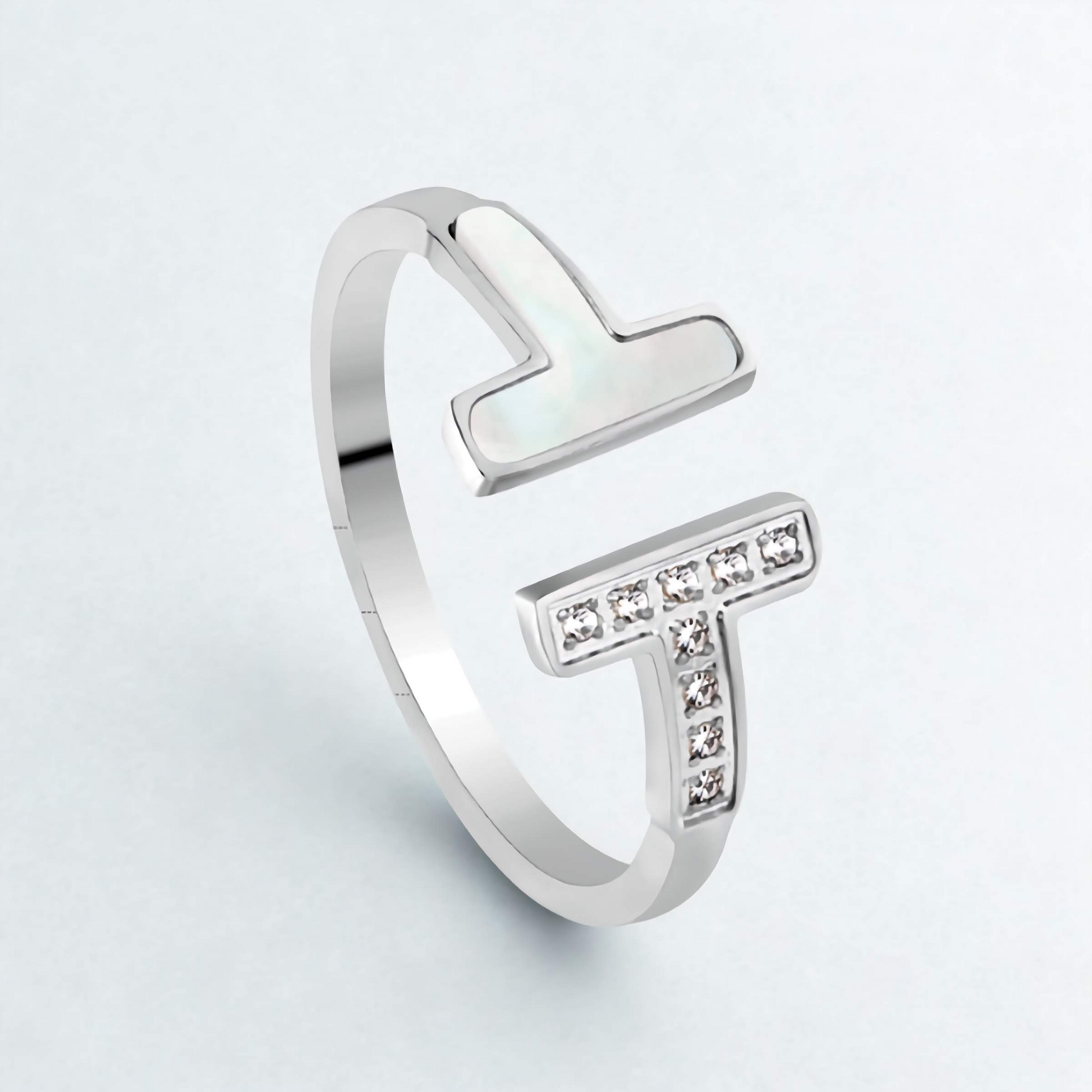 Bague ouverte double T avec nacre et zircone - Acier inoxydable antiallergique
