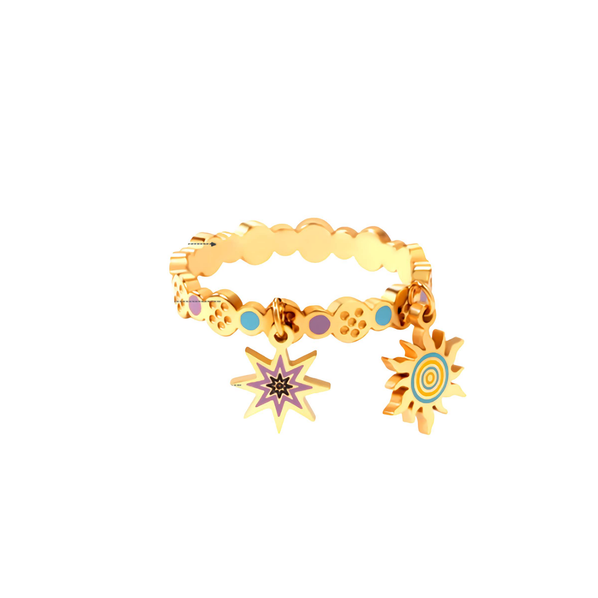 Bague avec pendentifs soleil et étoile émaillés - Acier inoxydable plaqué or