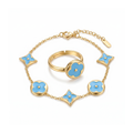 Conjunto de pulsera y anillo ajustable en acero inoxidable bañado en oro 18k con esmalte azul turquesa y motivos florales hecho en España.