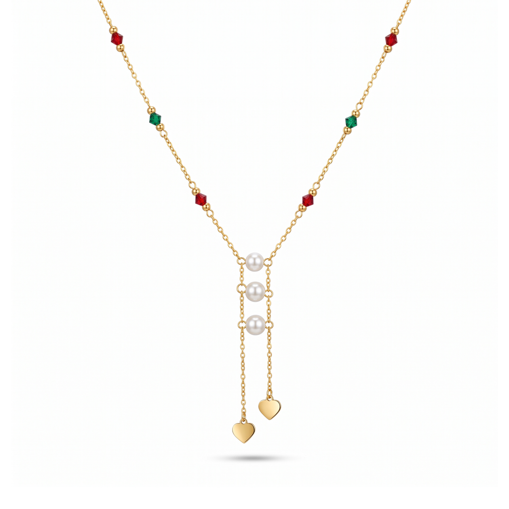 Collar estilo corbata de acero bañado en oro 18k PVD con perlas centrales cristales de colores y dijes de corazón hecho en Portugal.