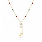 Collar estilo corbata de acero bañado en oro 18k PVD con perlas centrales cristales de colores y dijes de corazón hecho en Portugal.