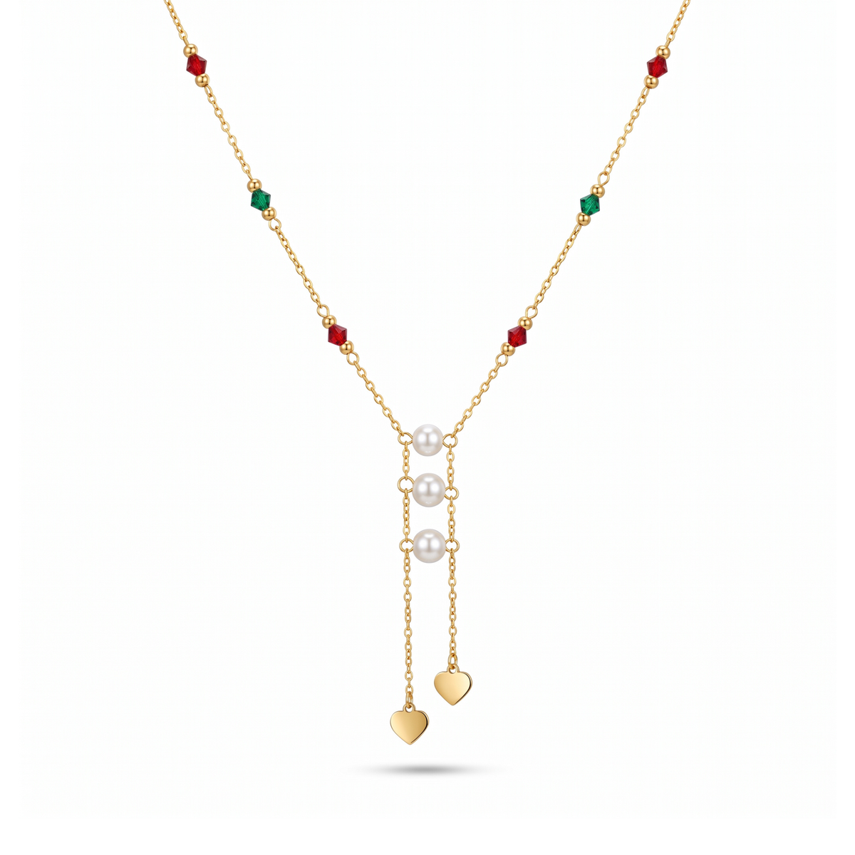 Collar estilo corbata de acero bañado en oro 18k PVD con perlas centrales cristales de colores y dijes de corazón hecho en Portugal.