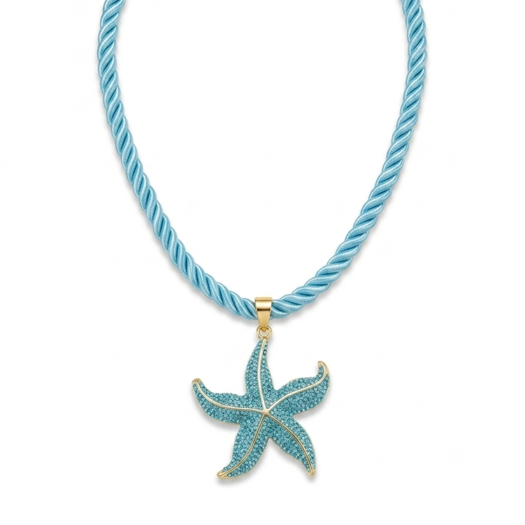 Gargantilla de cordón trenzado satinado azul claro con colgante grande de estrella de mar en cristales turquesa y enganche de acero dorado, hecho en España.