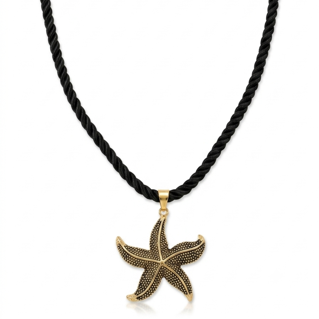 Gargantilla de cordón trenzado satinado en color negro con colgante de estrella de mar texturizada dorada y cierre regulable de acero, hecho en España.
