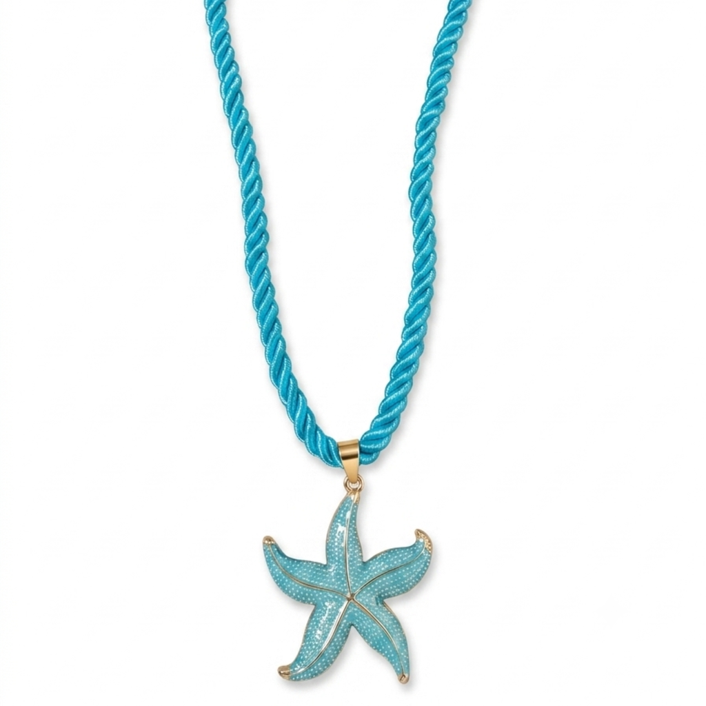Gargantilla de cordón trenzado satinado en azul turquesa con colgante de estrella de mar esmaltada y enganche de acero dorado, hecho en España.