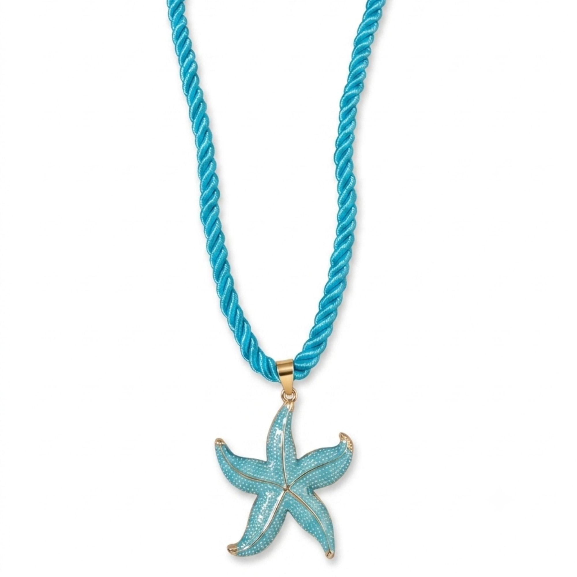 Gargantilla de cordón trenzado satinado en azul turquesa con colgante de estrella de mar esmaltada y enganche de acero dorado, hecho en España.
