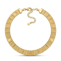 Gargantilla rígida articulada de acero con placas doradas chapada en oro de 18k, alternando texturas estriadas y motivos circulares con línea central grabada, hecha en Francia.