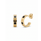 Pendientes de medio aro en acero bañado en oro de 18K PVD con detalles geométricos de esmalte negro, hechos en Egipto.