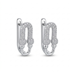 Pareja de pendientes de acero tipo aro alargado estilo eslabón chapados en oro blanco de 18k, decorados con pavé de circonitas brillantes y detalles de esferas, hechos en España.