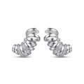 Pareja de pendientes de acero tipo aro escultórico chapados en oro blanco de 18k, con diseño multibanda ondulado alternando carriles lisos y con pavé de circonitas brillantes, hechos en España.