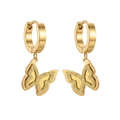 Pendientes de aro dorado estilo huggie con colgante de mariposa de doble capa texturizada de acero inoxidable con baño de oro de 18k PVD hechos en España.