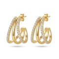 Pendientes de triple aro bañados en oro de 18K con circonitas incrustadas, estilo moderno fabricado en España.