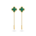 Pendientes largos en acero bañado en oro de 18K PVD con dije de trébol verde efecto malaquita y cadena rematada en barra, hechos en Egipto