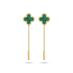 Pendientes largos en acero bañado en oro de 18K PVD con dije de trébol verde efecto malaquita y cadena rematada en barra, hechos en Egipto