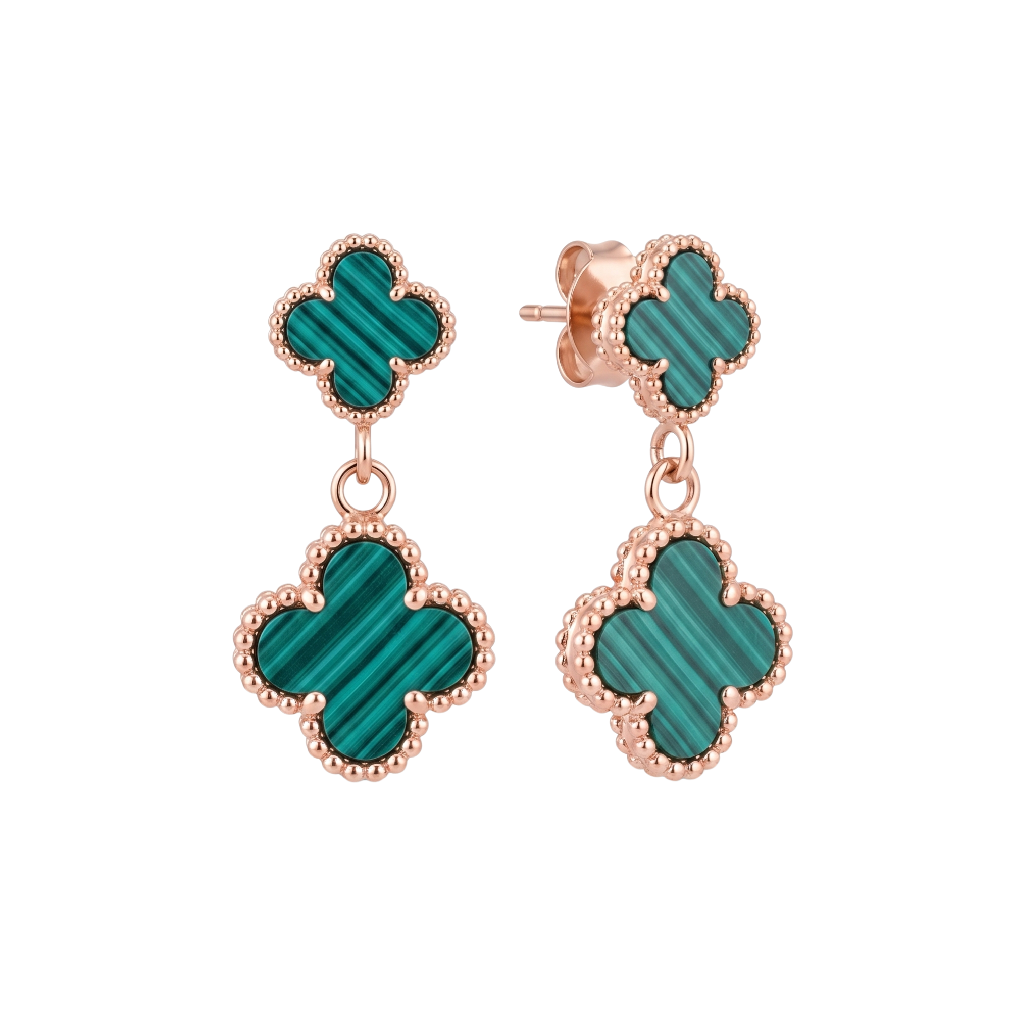 Pendientes colgantes con motivo de doble trébol en efecto malaquita verde y negro con borde dorado perlado de acero inoxidable con baño de oro de 18k PVD hechos en España.