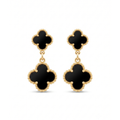 Pendientes colgantes con motivo de doble trébol negro y borde perlado dorado de acero inoxidable con baño de oro de 18k PVD hechos en España.