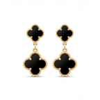 Pendientes colgantes con motivo de doble trébol negro y borde perlado dorado de acero inoxidable con baño de oro de 18k PVD hechos en España.
