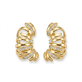 Pendientes envolventes con diseño calado de bandas curvas en acero bañado en oro de 18K y detalles de circonitas, fabricados en España.