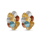 Pendientes maximalistas de diseño tridimensional con espirales concéntricas en baño de oro de 18K y acrílico texturizado de tonos oro, plata, cobre y azul turquesa, fabricados en España.